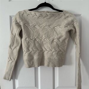 Babaton Cream Cable Knit Crew Neck Marino Wool Sweater